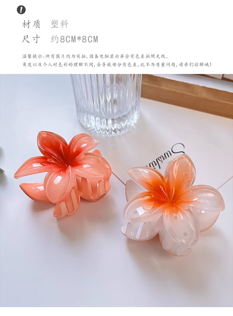 欧美跨境彩色鸡蛋花发夹花朵抓夹复古女士侧抓半抓后脑勺鲨鱼夹详情2