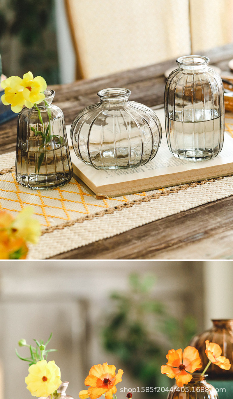 Wholesale of Amazon transparent glass vases, colorful small-mouthed, small-sized vertical patterned hydroponic fresh flower tabletop decorative items pic 12