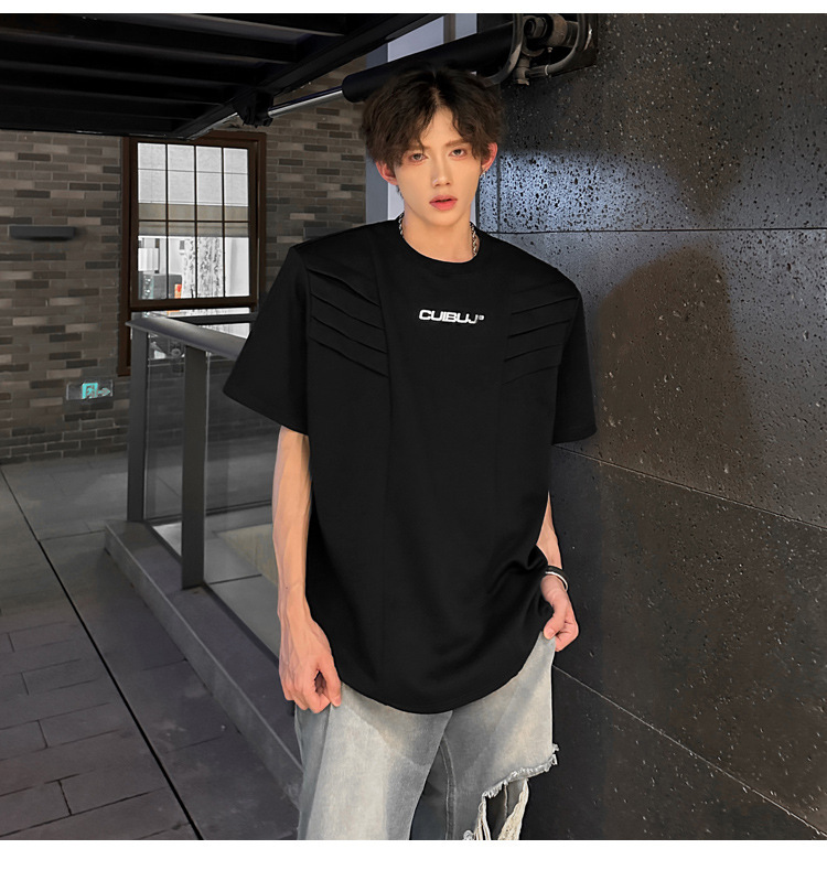 European and American high street original design sense T-shirt for men, multi-layered structure shoulder pad short-sleeved, summer American-style heavy half-sleeved pic 10