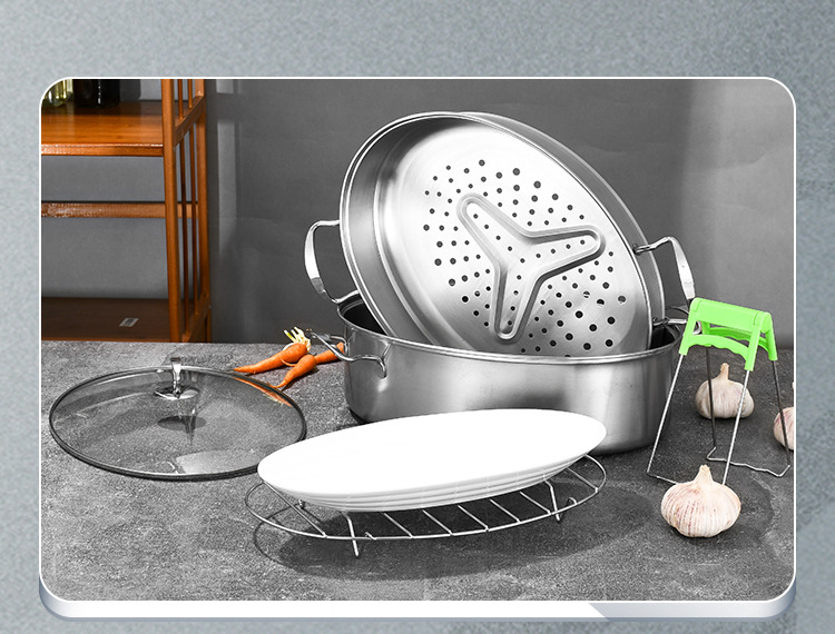 304不锈钢蒸鱼锅大容量双层椭圆形大号加厚清蒸汤锅电磁炉礼品锅详情16