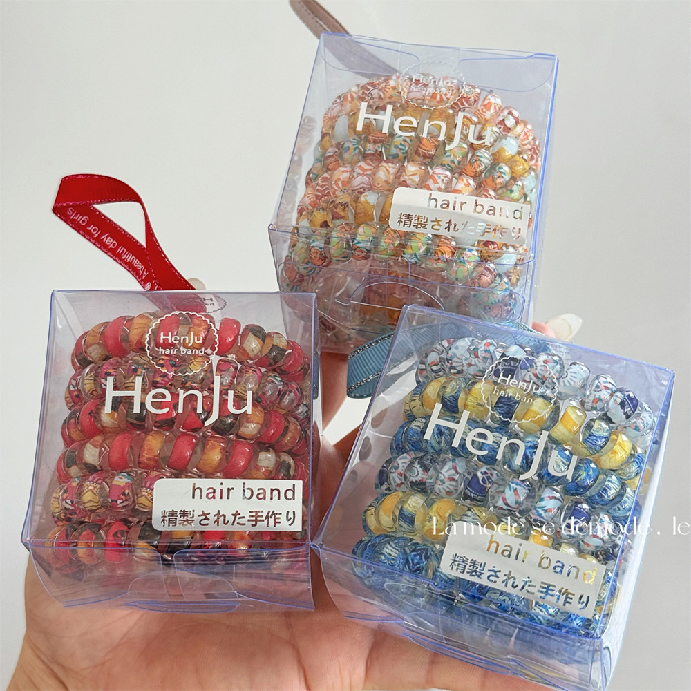 Floral, colorful, seamless telephone line hair tie, box-set hair band, new high-end style hair tie, high-elasticity rubber band headwear pic 2