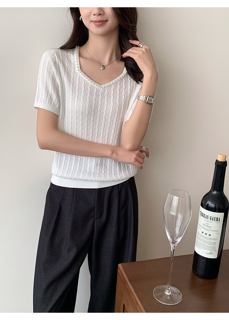 南油高端女装2026夏季新款珍珠装饰麻花纹针织短袖通勤气质上衣详情46