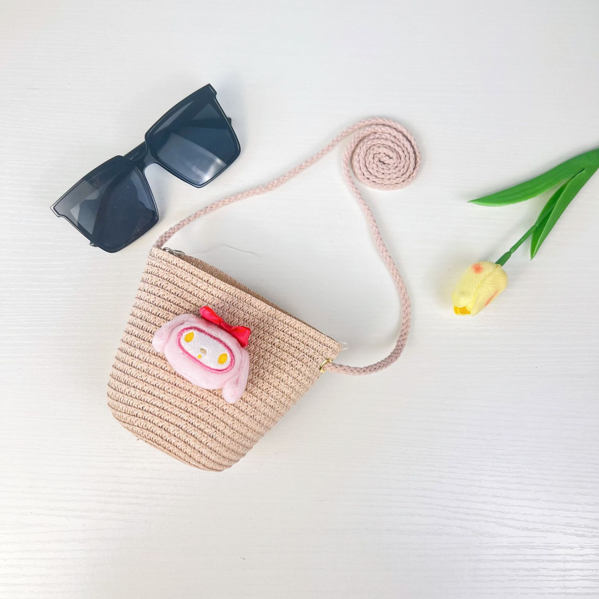 儿童手工编织包包可爱卡通猫草编小包男女童小圆包宝宝零钱包批发详情5