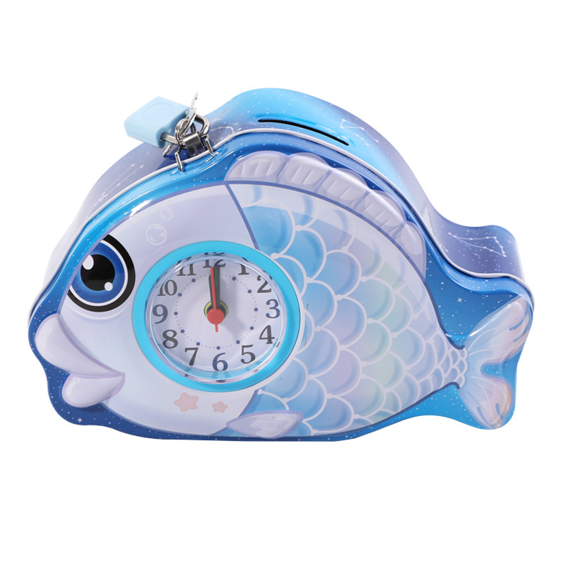 创意鲤鱼形状马口铁时钟存钱罐儿童储蓄罐家居摆件零钱收纳盒详情15