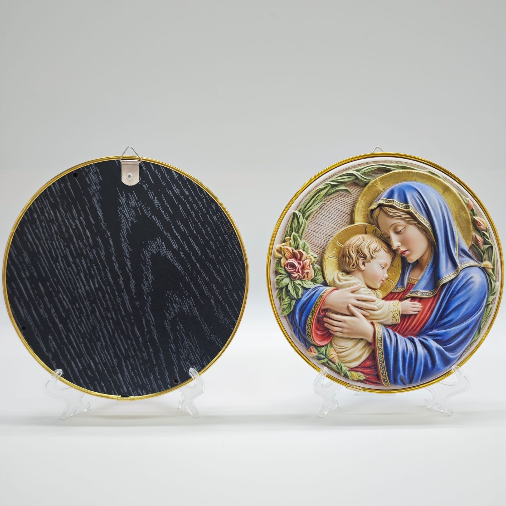 Religious art: Virgin Mary and Infant Jesus relief plate Buddha statue, Guan Gong statue, God of Wealth statue, Buddhist utensils, resin Buddha statue and deity statue pic 5