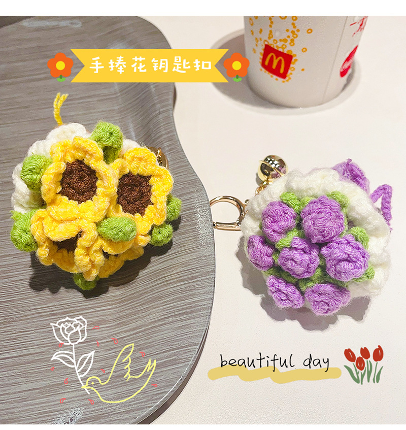 Woolen hand-held bouquet sunflower keychain pendant, artificial rose hand-crocheted ins-style bag hanging accessory pic 13