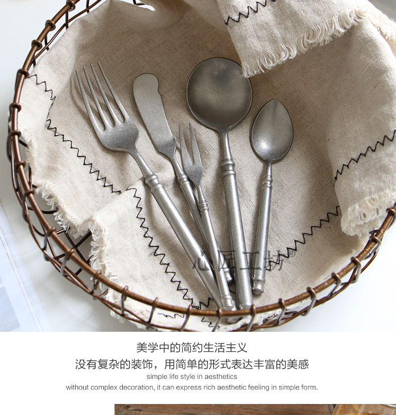 实心304不锈钢 复古做旧设计西餐牛排刀叉勺四件套餐具搅拌勺饼叉详情5