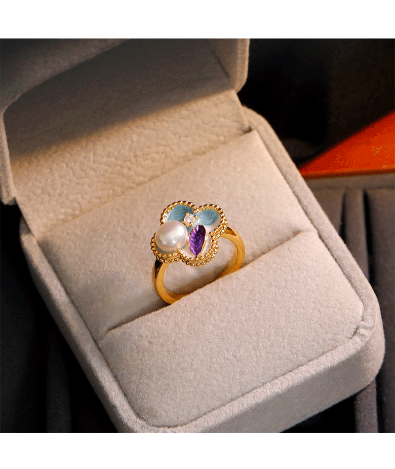 Anillo de Hyacinth mujer pintura al óleo colección nacional maré esmaltado anillo de cuatro hojas diseño original sentido anillo abierto anillo de dedo indicador accesorios pic 6