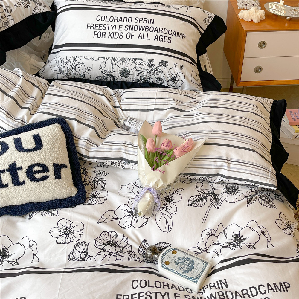 French Hepburn style pure cotton four-piece set, high-end feel, pure cotton black and white sketch flower duvet cover, all-cotton edge bedding pic 16