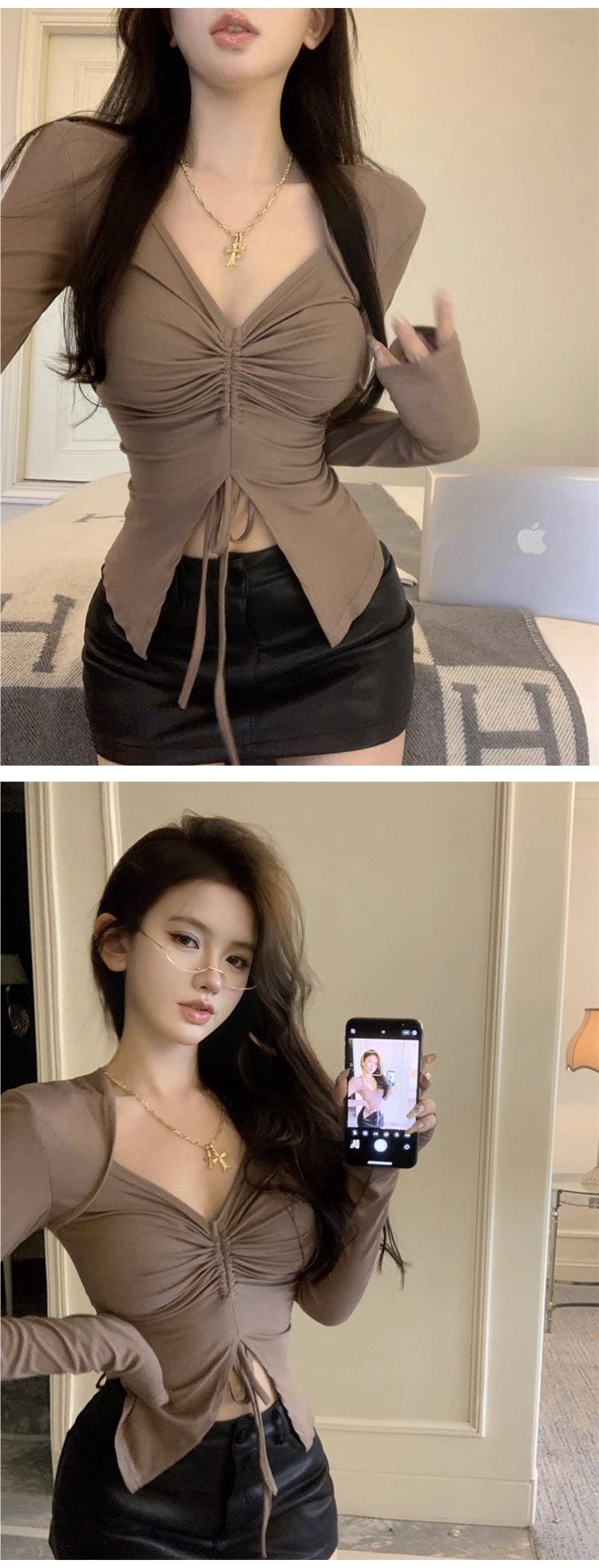 韩版新款辣妹v领长袖T恤女春秋性感抽绳纯欲打底衫上衣女一件代发详情2