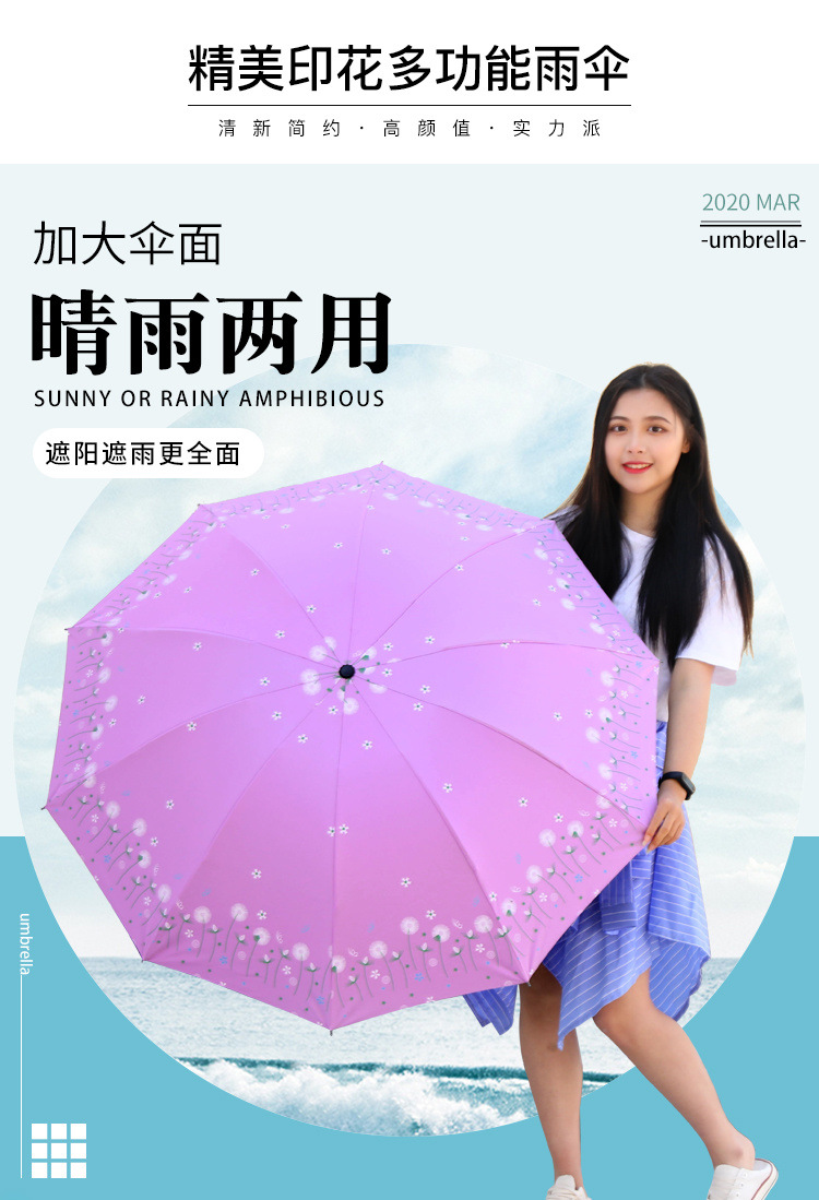晴雨两用黑胶太阳伞十骨加大双人伞防晒防紫外线小清新遮阳雨伞女详情3