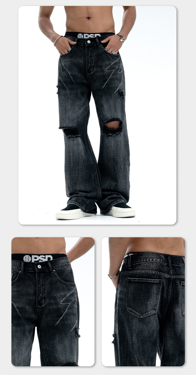 LAWFOO美式复古破洞牛仔裤男女水洗做旧宽松阔腿直筒潮牌高街裤子详情9