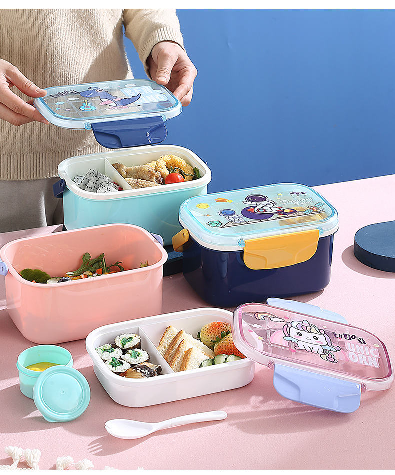 宇航员恐龙独角兽卡通双层手提饭盒户外野餐盒便当可微波带酱料杯详情11