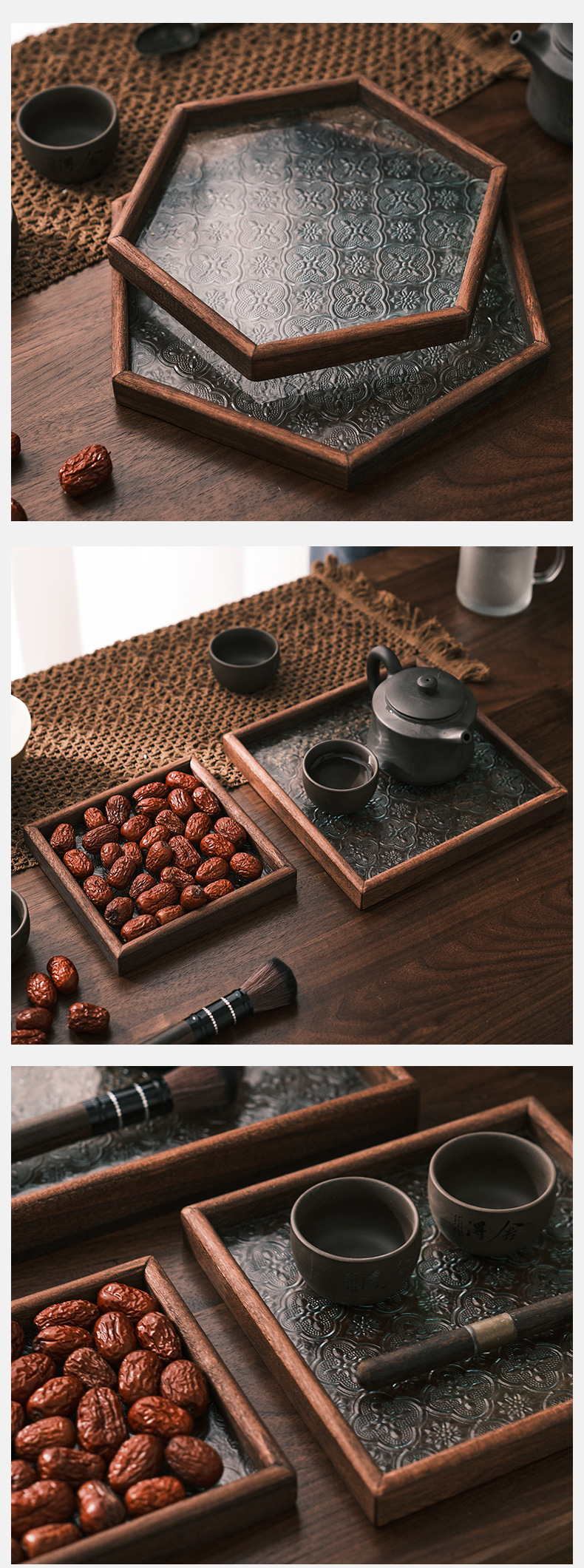 Retro wooden glass embossed walnut-colored snack storage box, rectangular household dried fruit snack plate, filigree tea tray pic 10
