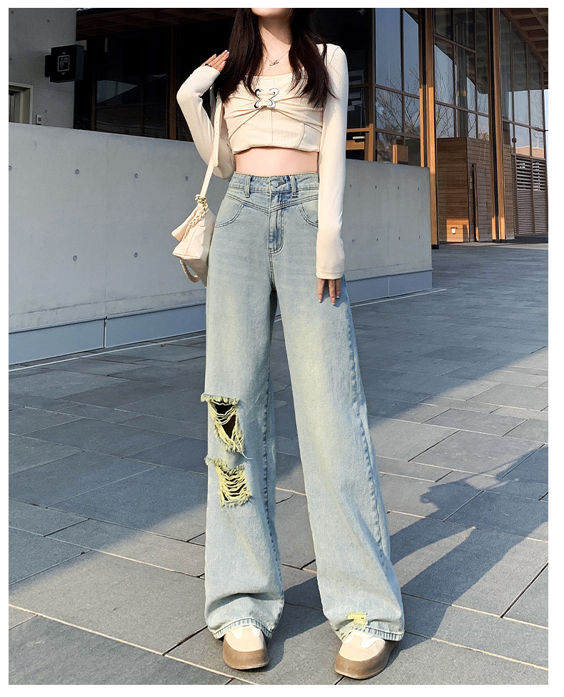 破洞直筒牛仔裤女高腰显瘦2025春季新款小个子复古阔腿宽松长裤子详情19