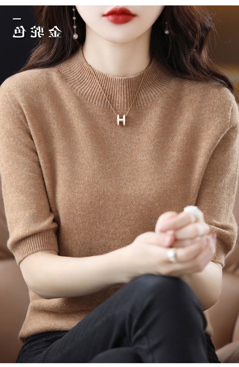 A semi-high-neck casual knitted sweater for women in spring 2023, in a solid color, paired with a half-sleeved base layer sweater T-shirt pic 16