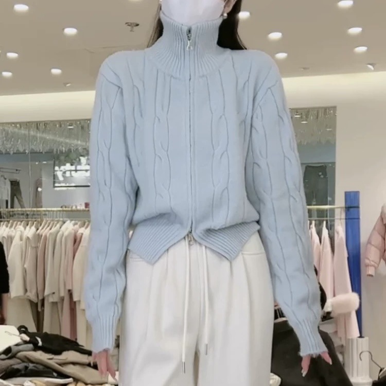 Solid-color casual double-zipper twisted knit cardigan coat, fashionable and versatile, new autumn and winter style sweater top for women pic 18