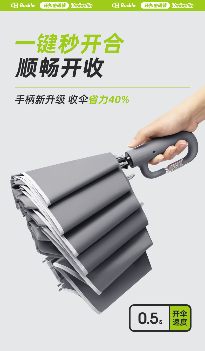 新款三折10骨280t碰击布面料抗风自动反向环扣手柄密码锁广告雨伞详情16