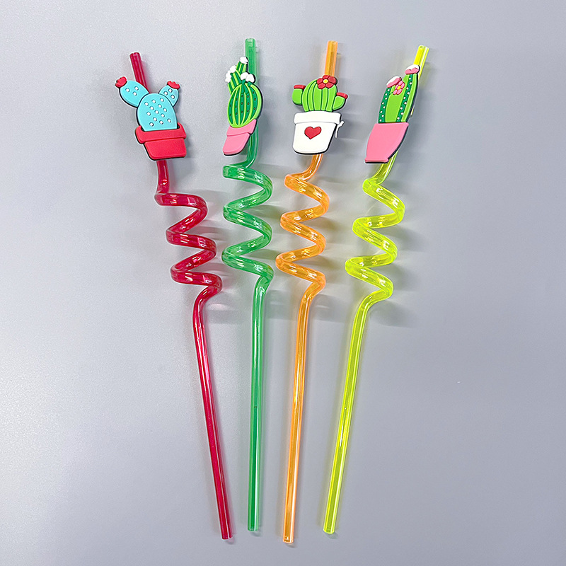 In-stock creative straws, PET spiral-shaped beverage straws, cactus decorative colored artistic plastic straws pic 3