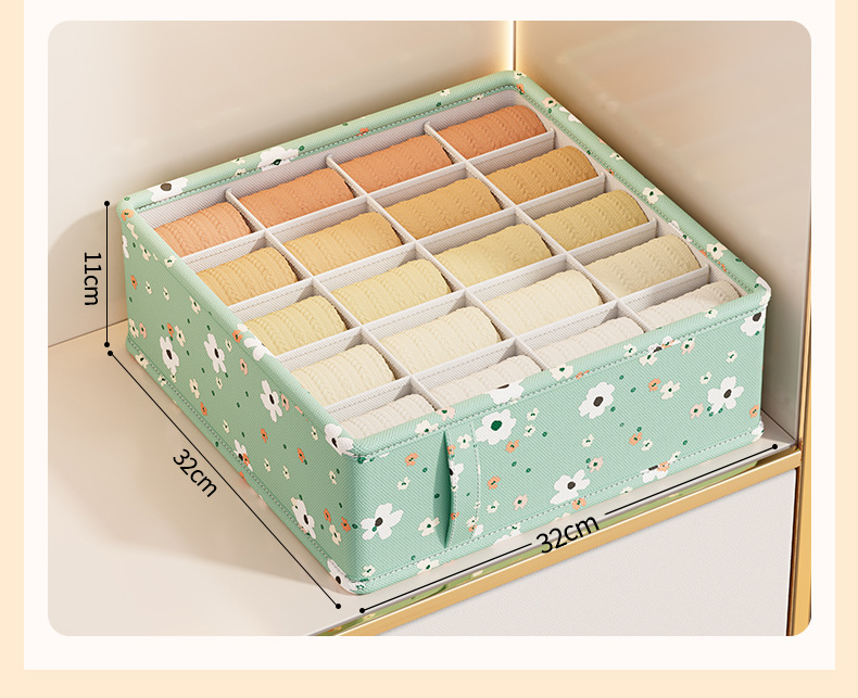 Green Little Flower Underwear Storage Box, underwear storage drawer, compartments box, Multi-functional socks classification box, wardrobe pic 16