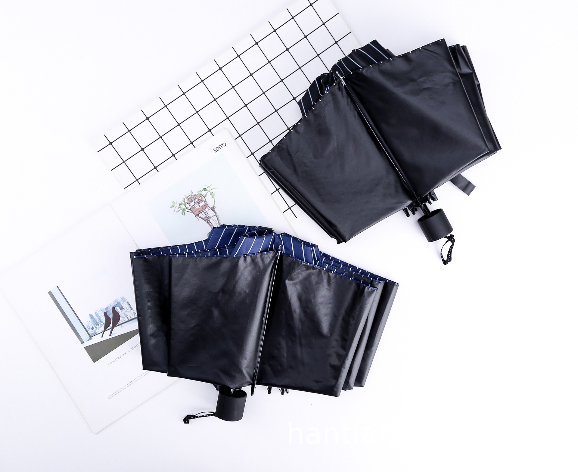 Factory wholesale three-fold 10-bone enlarged black rubber umbrellas, fashionable striped checkered umbrellas, UV-resistant sun umbrellas pic 21