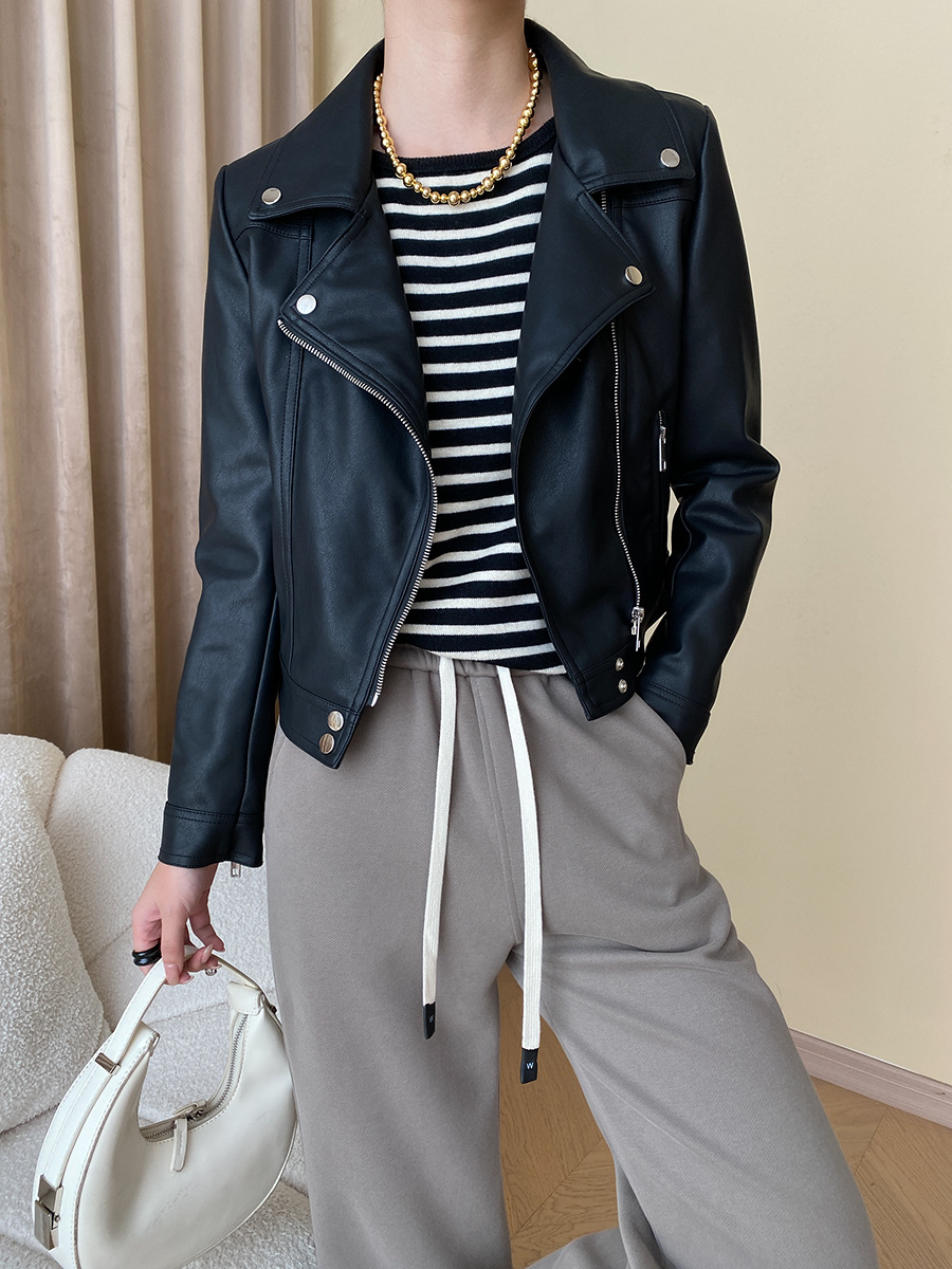 司南 时髦斜门襟拉链设计感 超模机车风皮衣夹克外套高级 SN4227详情24