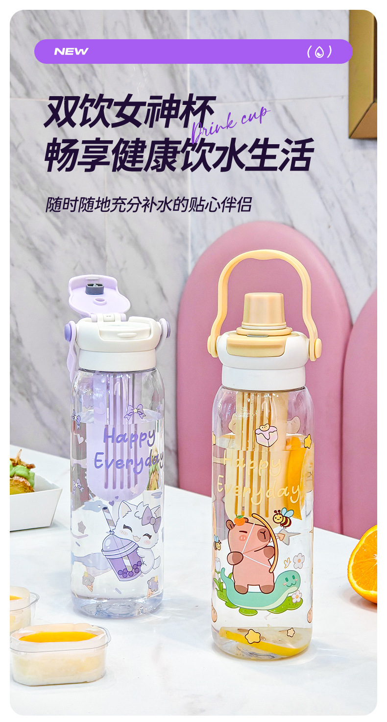 新款卡通水杯大容量耐高温轻奢高颜值塑料杯双饮茶水分离运动杯子详情2