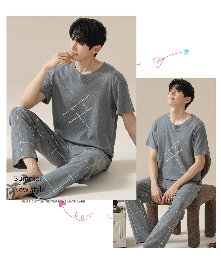 Summer pure cotton pajamas for men, cartoon casual short-sleeved shirts and long pants, pure cotton comfortable home wear, summer youth student set pic 130