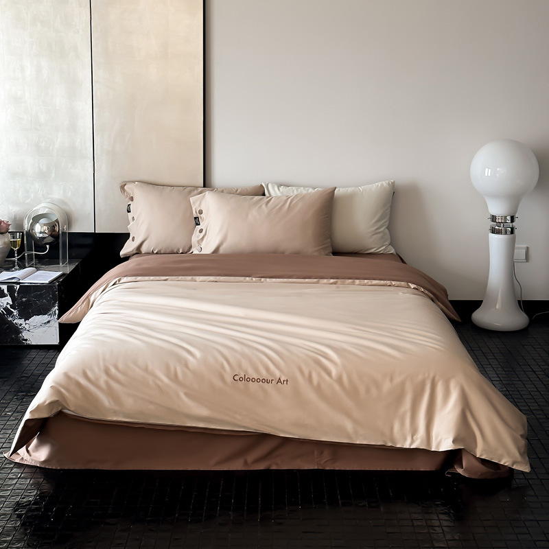 Simple, light luxury and fashionable solid-color long-staple cotton four-piece set, pure cotton letter-embroidered duvet cover, double bedding pic 65