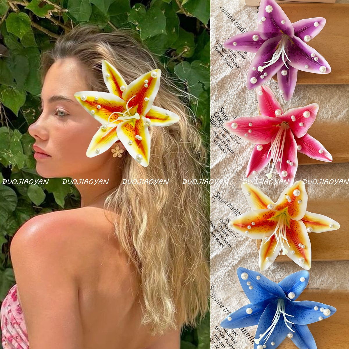 New cross-border lily pearl hairpin with a high-end atmosphere, beaded hair accessory, Hawaiian vacation style duckbill hairpin for women pic 3