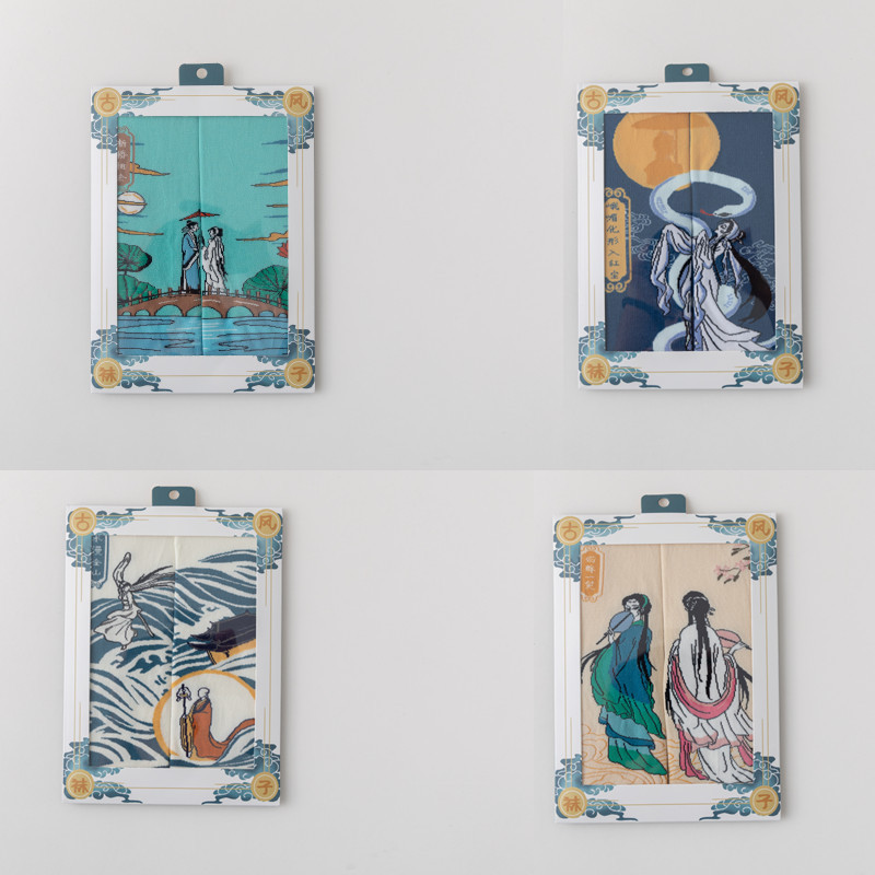 国潮袜子女原创设计古风水墨画AB鸳鸯女棉袜敦煌飞天白蛇传潮流中筒袜详情14