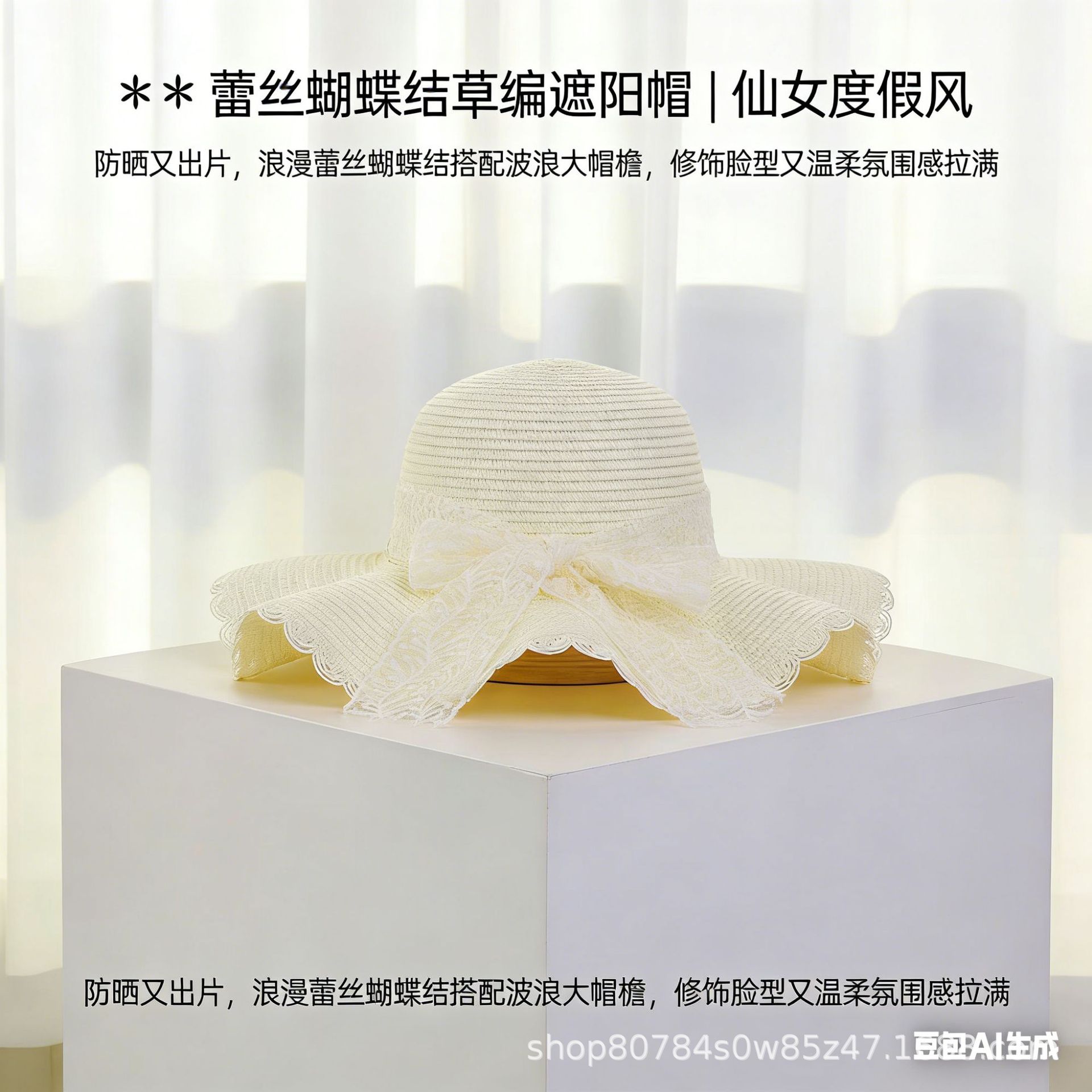 防晒草帽夏季户外出游大檐草帽蕾丝帽蝴蝶结透气草编帽厂家直销详情2