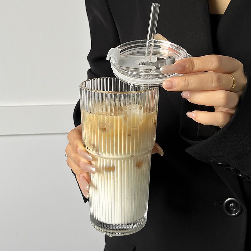 Free shipping, Ins-style glass cup, high appearance level, straw cup, large-capacity vertical pattern water cup, cold drink, juice and coffee cup with lid pic 7