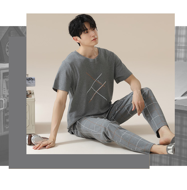 Summer pure cotton pajamas for men, cartoon casual short-sleeved shirts and long pants, pure cotton comfortable home wear, summer youth student set pic 124