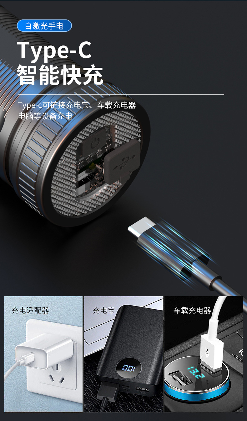 爆款强光手电筒LED多功能小钢炮超亮户外远射变焦Type- c可充电详情10