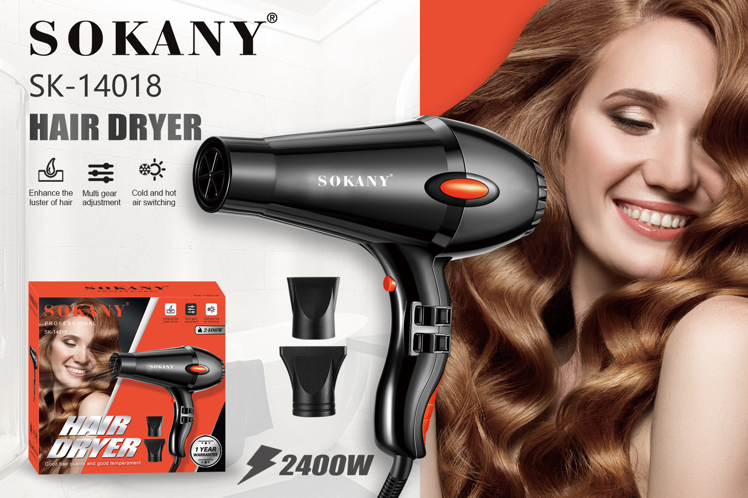 Export SOKANY14018 household 2400W power 2-speed adjustable HAIR DRYER pic 2
