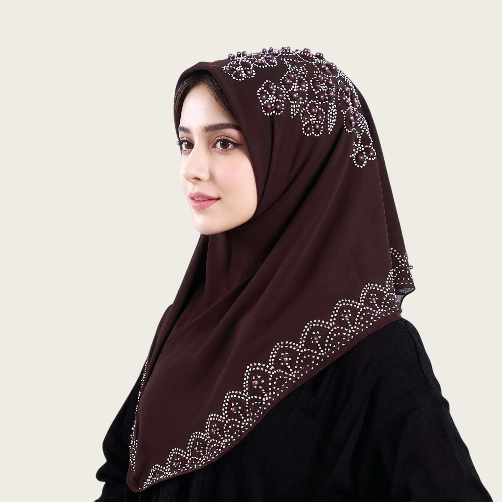 M145厂家烫钻妇女头巾民族风盖头珍珠雪纺围巾流行纱巾素色单色详情17