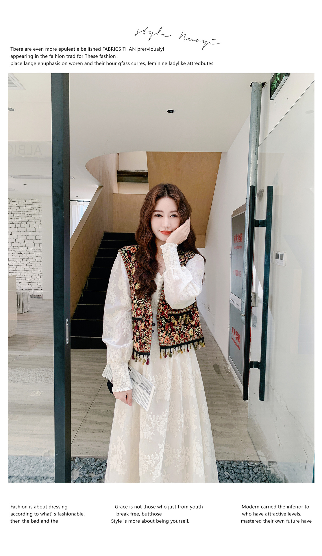 Real shot Bohemian fringed vest jacquard long dress two-piece set 2025 autumn collection lace patchwork V-neck dress pic 34