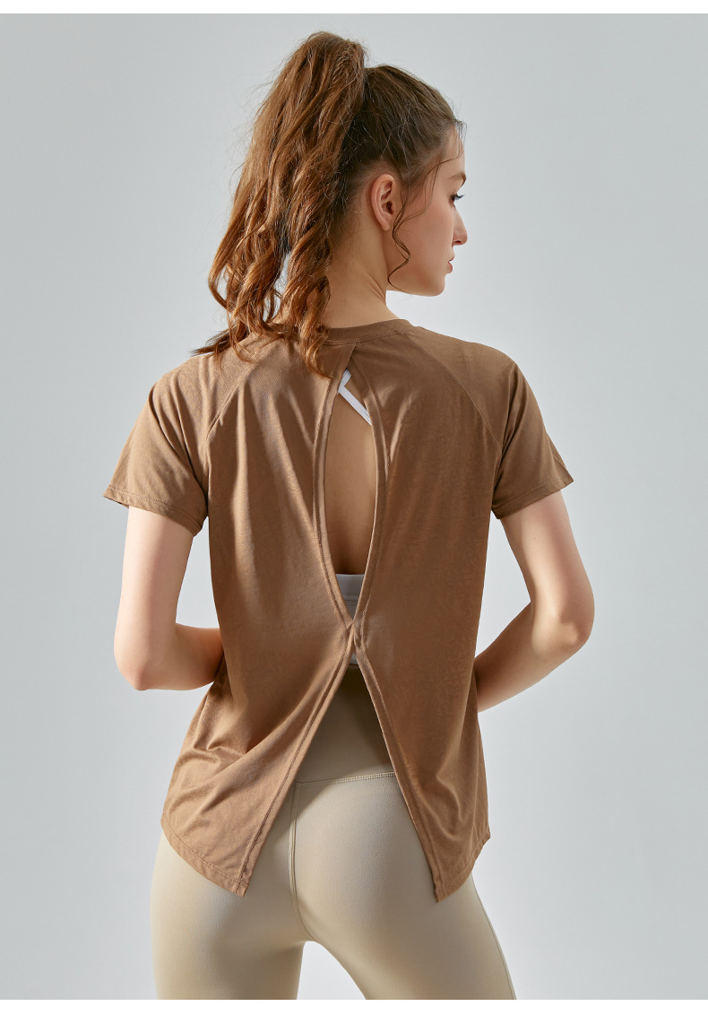 Spring and summer jacquard slit cutout yoga smock for women, light and quick-drying short-sleeved T-shirt, loose and breathable yoga wear top pic 24