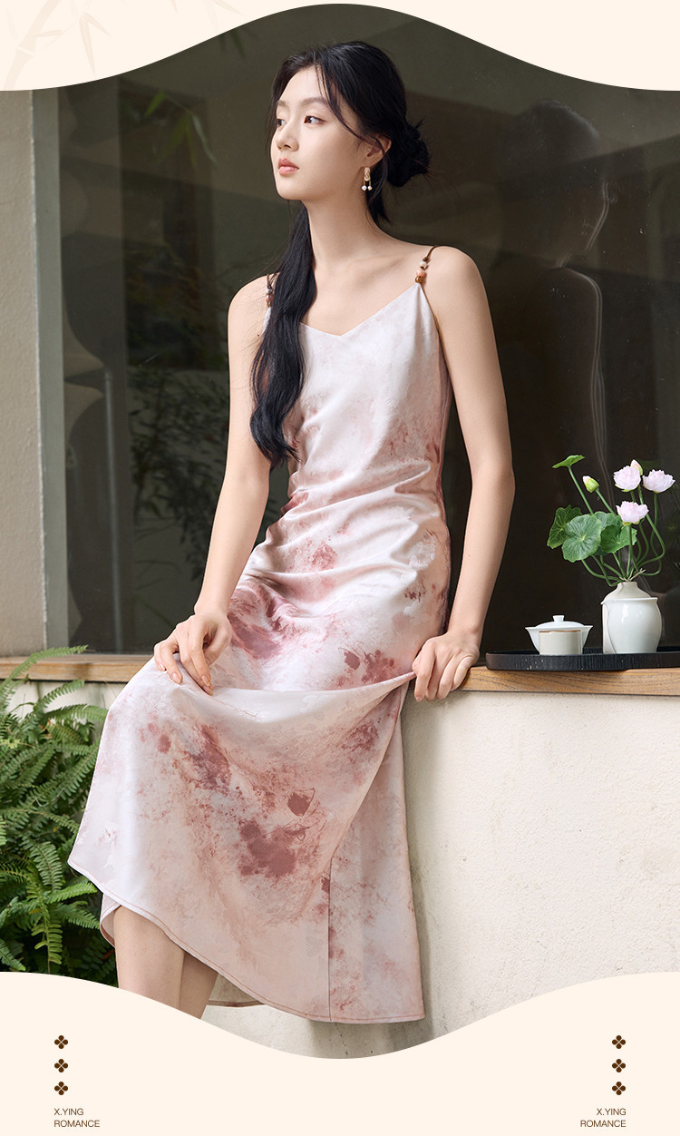 2025 Summer satin V-neck halter dress for women, new Chinese-style smudged printed dress pic 17