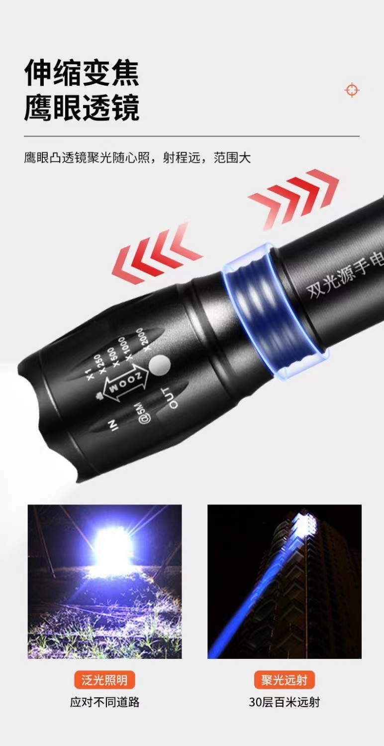 USB直充白黄蓝紫四光源强光手电筒紫光灯检测防伪固化蓝光夜钓灯详情3