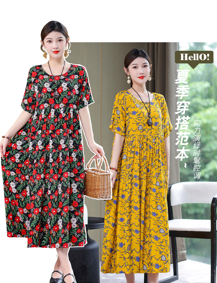 妈妈棉绸连衣裙夏季中老年女装短袖高端气质外贸人造棉裙子有口袋详情3