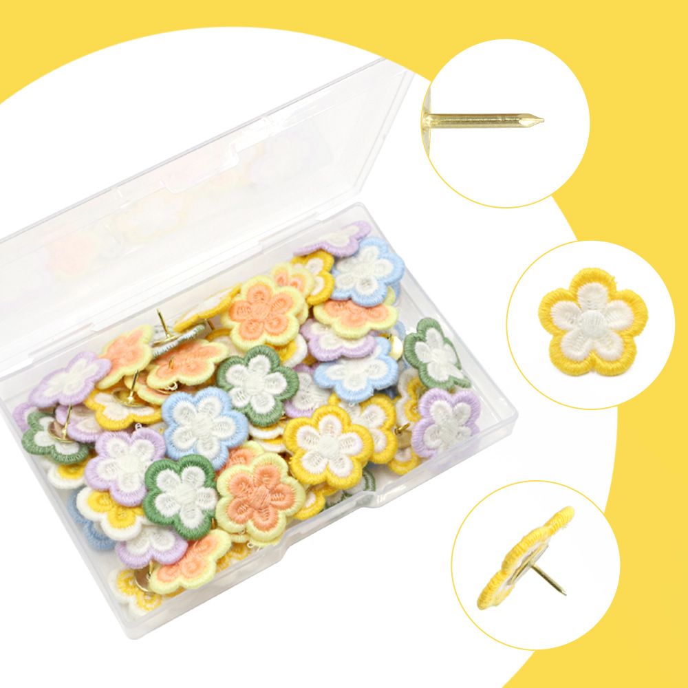 60枚一盒彩色可爱刺绣花图钉幼儿园照片墙装饰图钉太阳花按钉图钉详情4