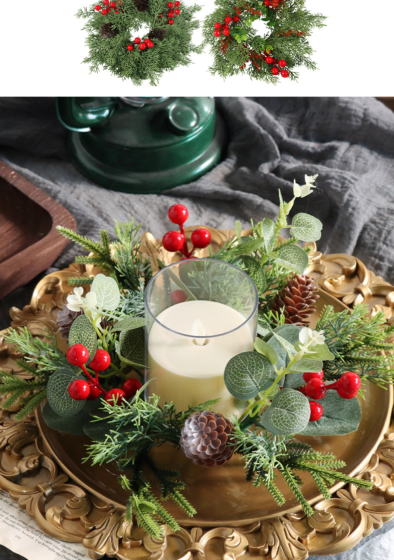 跨境新款圣诞节绿植仿真红果松柏门饰场景装饰氛围布置圣诞小花环详情2