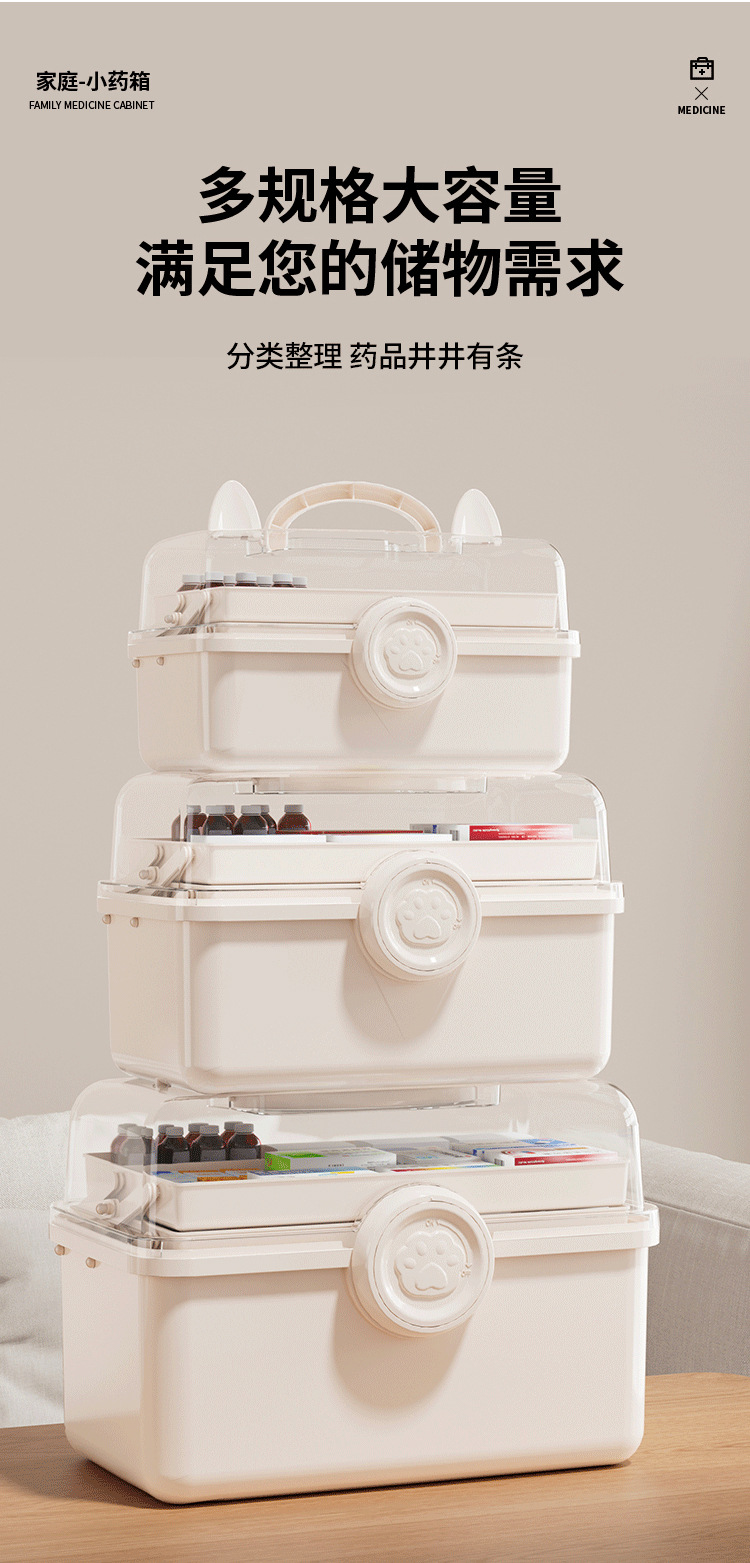 猫咪三层家用发饰收纳盒美术生专用收纳盒工具箱桌面文具整理药箱详情9