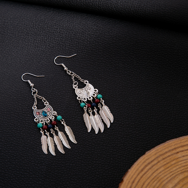 欧美波西米亚蓝松石民族风耳钉 仿苗银金属耳坠复古流苏耳饰批发详情22