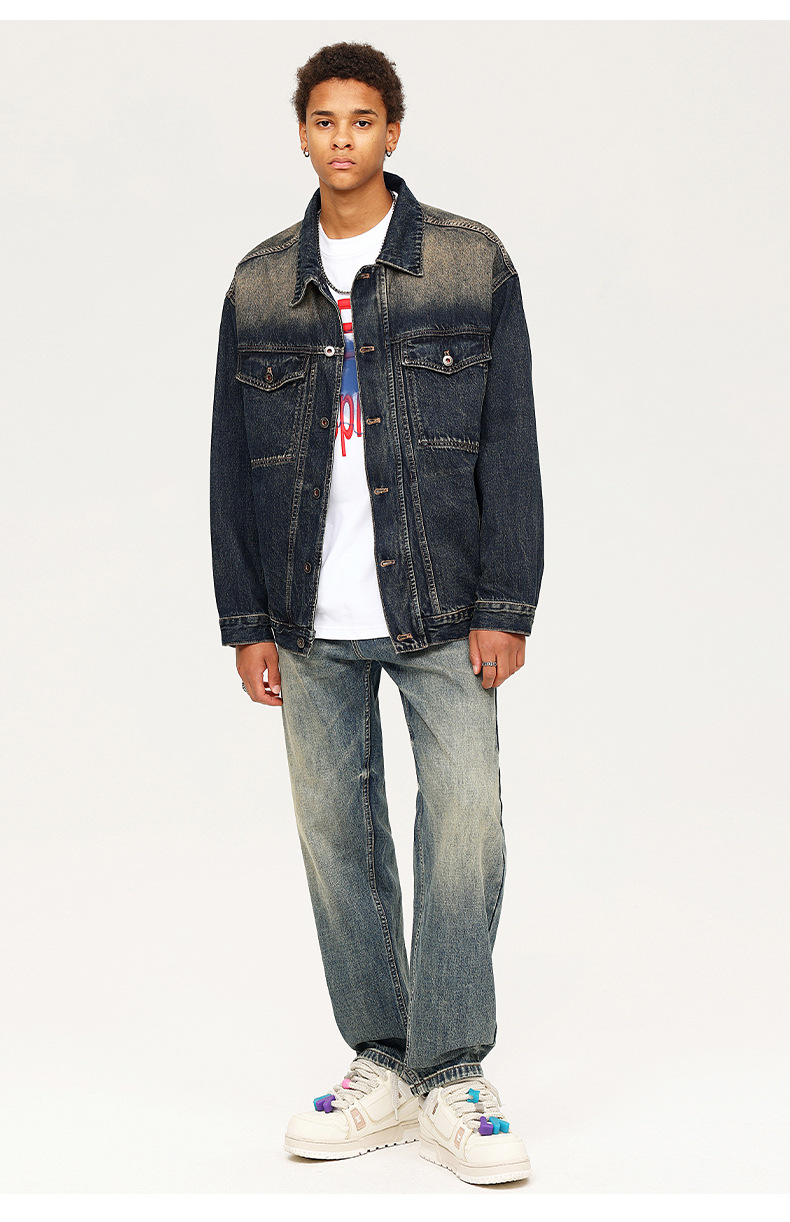 American retro yellow mud-dyed straight-leg jeans for men, vintage washed loose wide-leg pants for men pic 10