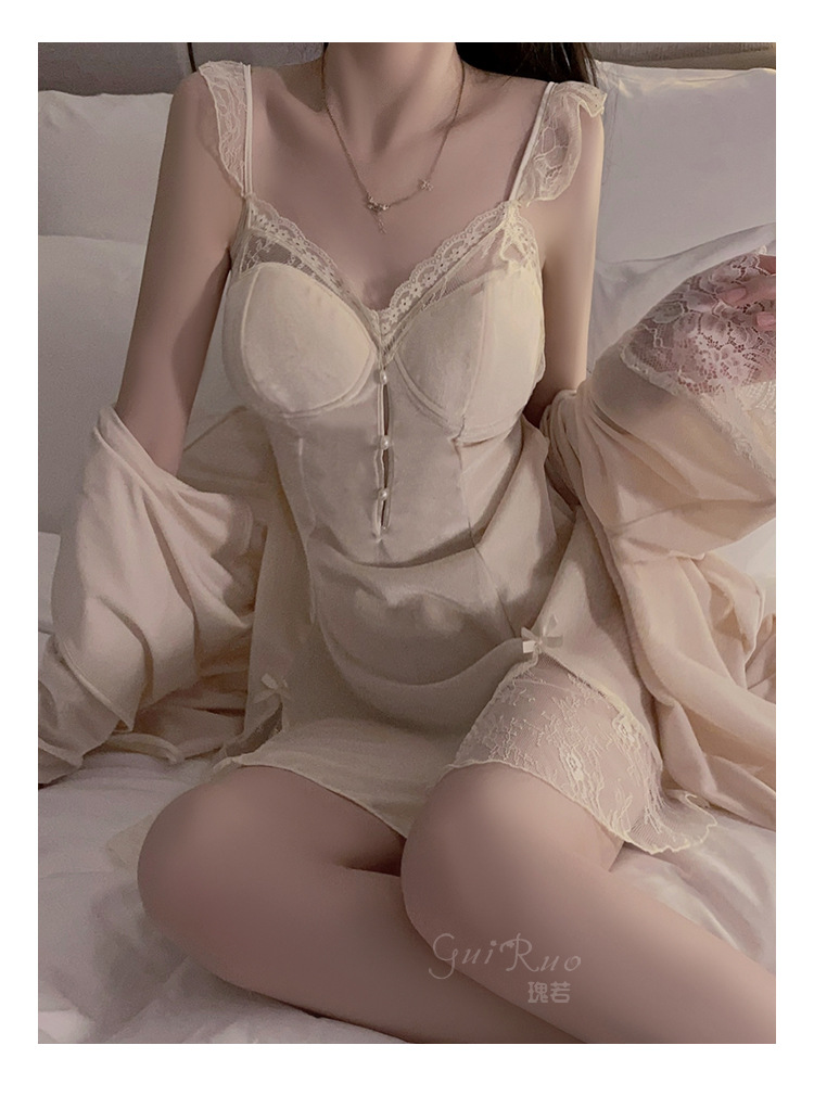 A seductive lace see-through deep V with a chest cushion, a sweet sleeping dress, an outer robe and velvet home wear set 3908 pic 29