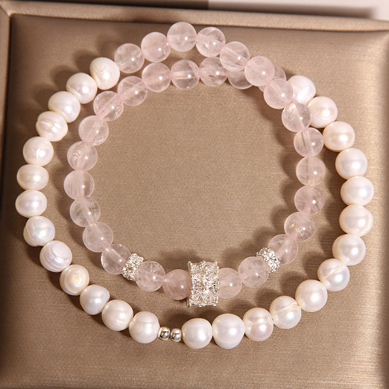 New Chinese-style pink crystal bracelet for women, light luxury, niche and exquisite natural pearl double-loop layered bracelet, high-end jewelry pic 4