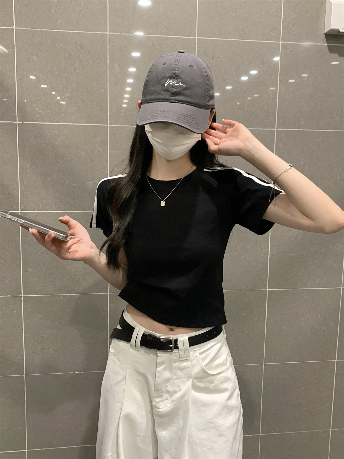 美式2024夏季新款韩版圆领修身插肩杠条显瘦百搭短袖T恤女装上衣详情16